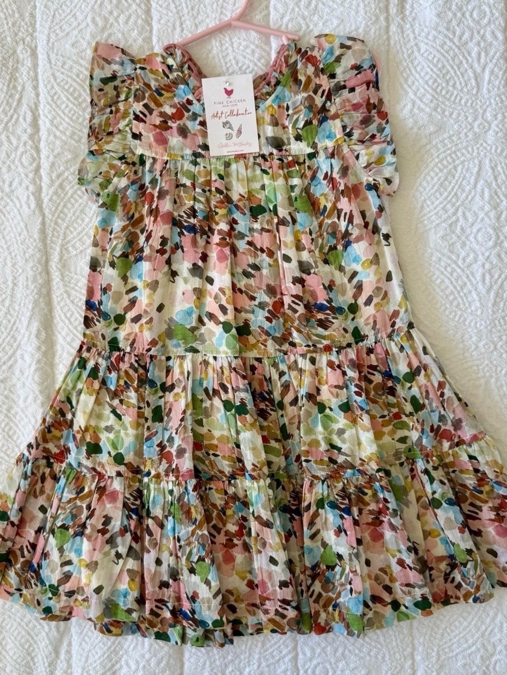 Pink Chicken Kids Painted Floral Tiered Dress - Pink, Green, Blue, Cream